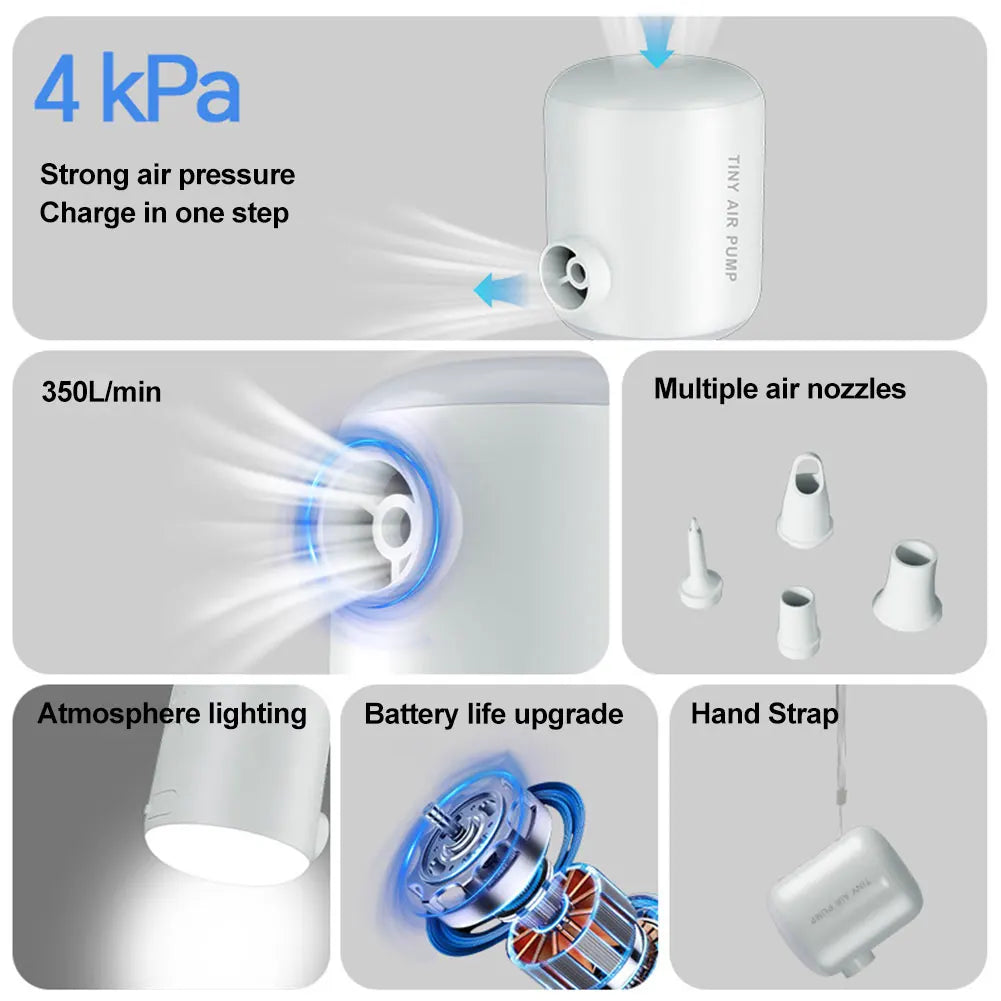 Camping Light Electric Air Pump 4000Pa Mini Inflate Deflate Pump USB Rechargeable Outdoor Inflator Pump for Air Mattresses Beds