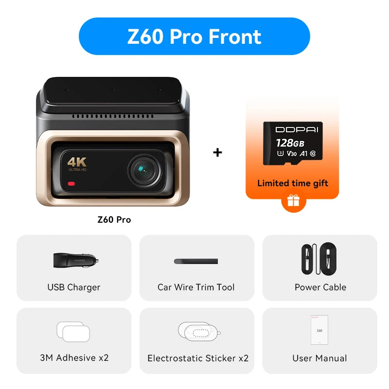 2025 New 4K Dash Cam Z60 Pro Support Rear and Interior Car Camera SONY STARVIS2 678 Sensor 5Ghz Wi-Fi ADAS 4G DVR