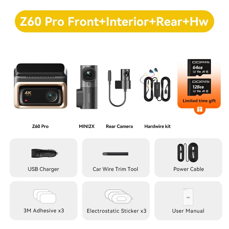 2025 New 4K Dash Cam Z60 Pro Support Rear and Interior Car Camera SONY STARVIS2 678 Sensor 5Ghz Wi-Fi ADAS 4G DVR
