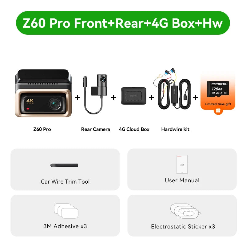 2025 New 4K Dash Cam Z60 Pro Support Rear and Interior Car Camera SONY STARVIS2 678 Sensor 5Ghz Wi-Fi ADAS 4G DVR