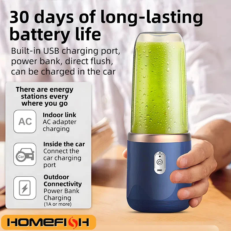 Portable Electric Juicer Blender - 400ml USB Rechargeable Fruit Juicing Cup for Smoothies - Includes 2 Cups