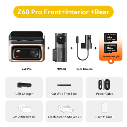2025 New  4K Dash Cam Z60 Pro Support Rear and Interior Car Camera SONY STARVIS2 678 Sensor 5Ghz Wi-Fi ADAS 4G DVR